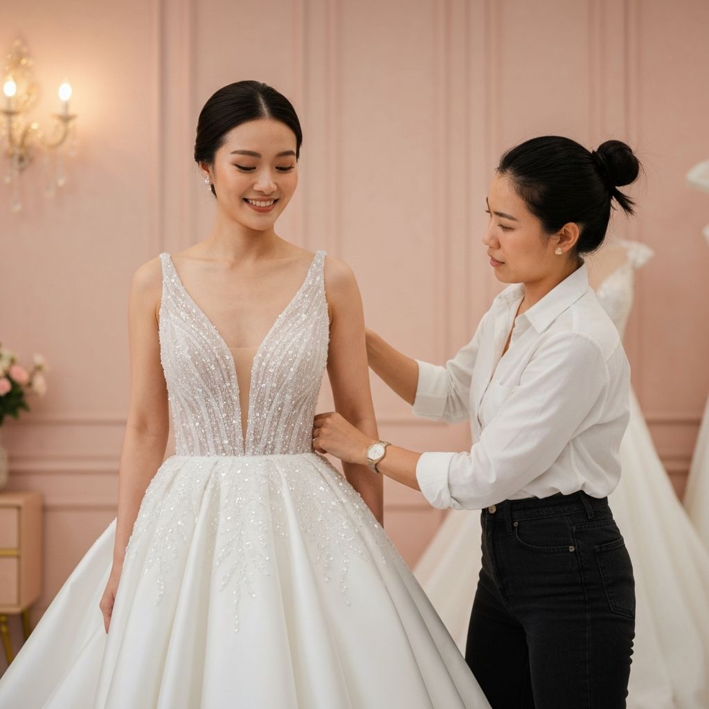 Bridal stylist helping bride with her dress