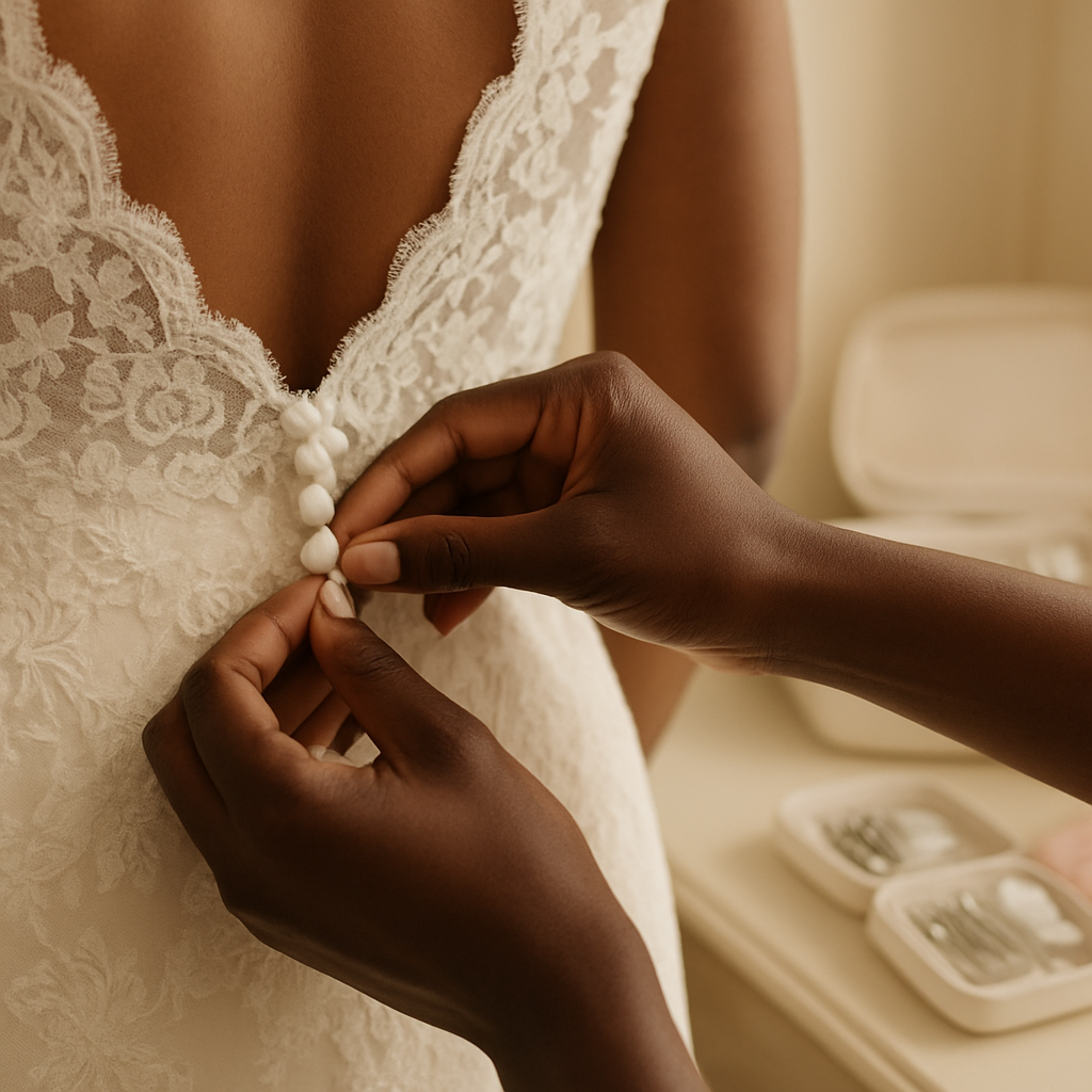 Bridal assistant helping a bride get ready on her wedding day