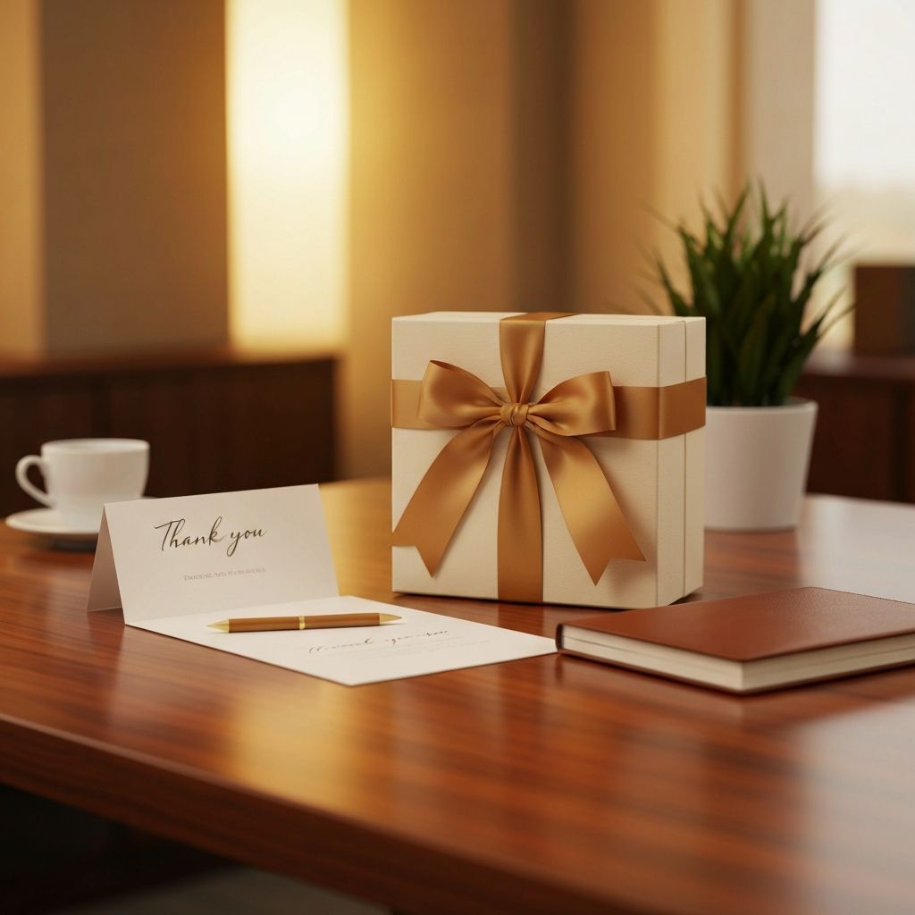 Premium client appreciation gift box with gold ribbon on an executive desk