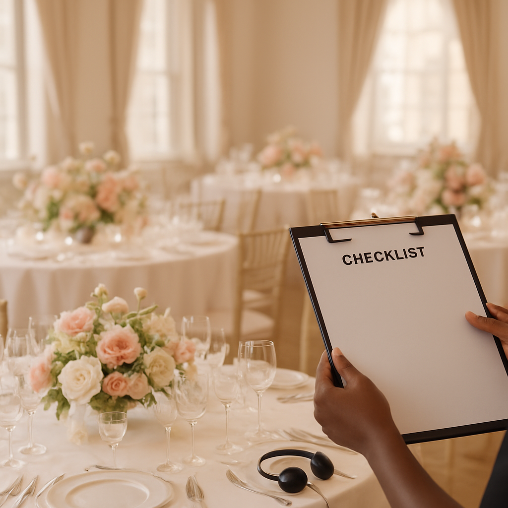 Elegant wedding reception setup with coordinator's clipboard and timeline