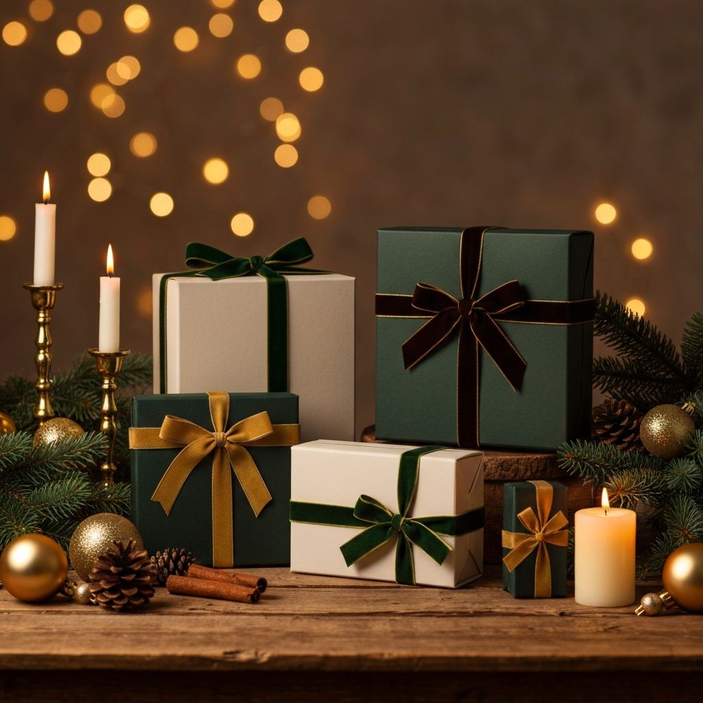 Festive holiday gift boxes with velvet ribbons, pine branches, and warm candlelight